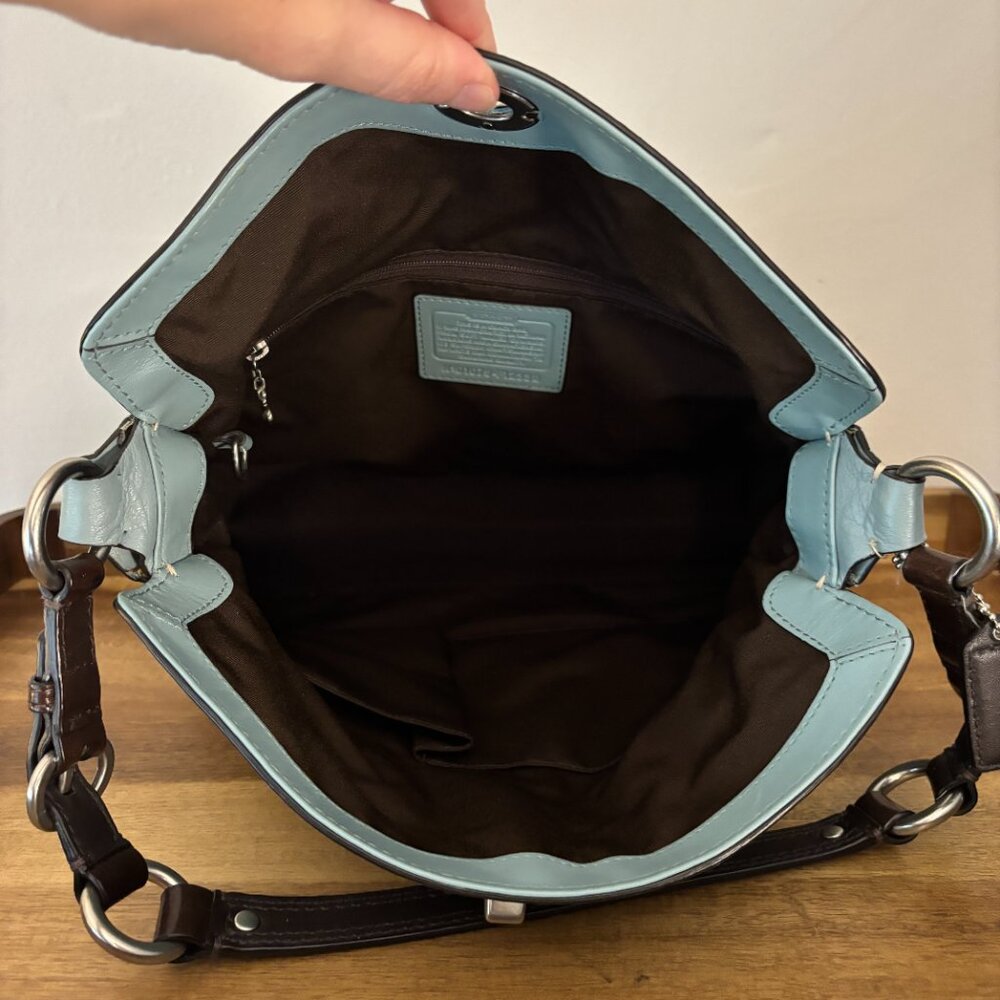 Coach Chelsea Turn Lock Light Teal Blue Green Pebbled Leather Brown Handled Hobo - Picture 7 of 9